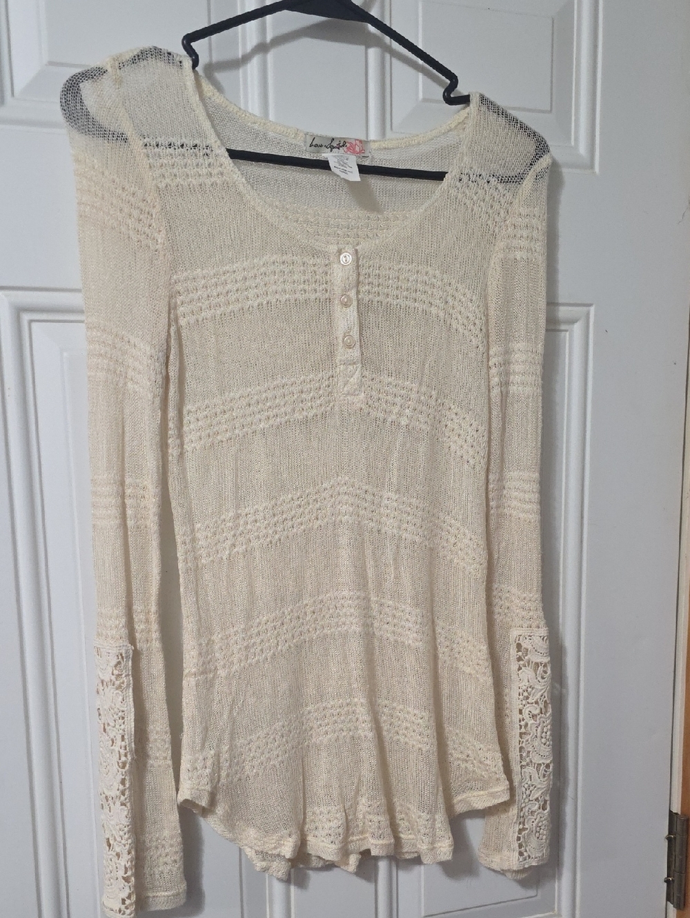 Love Squared Cream Crochet-Trim Henley Long Sleeve Top